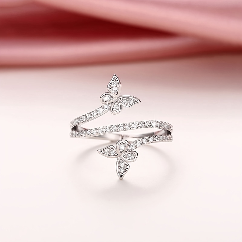 Women's Double Butterfly Cross Copper Ring with Zirconia